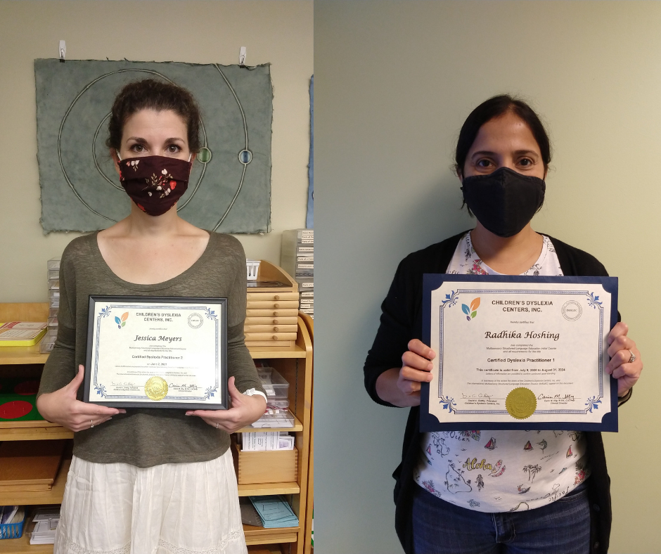 Ms. Jessie and Ms. Radhika proudly displaying their Dyslexia Practitioner 2 certificate.