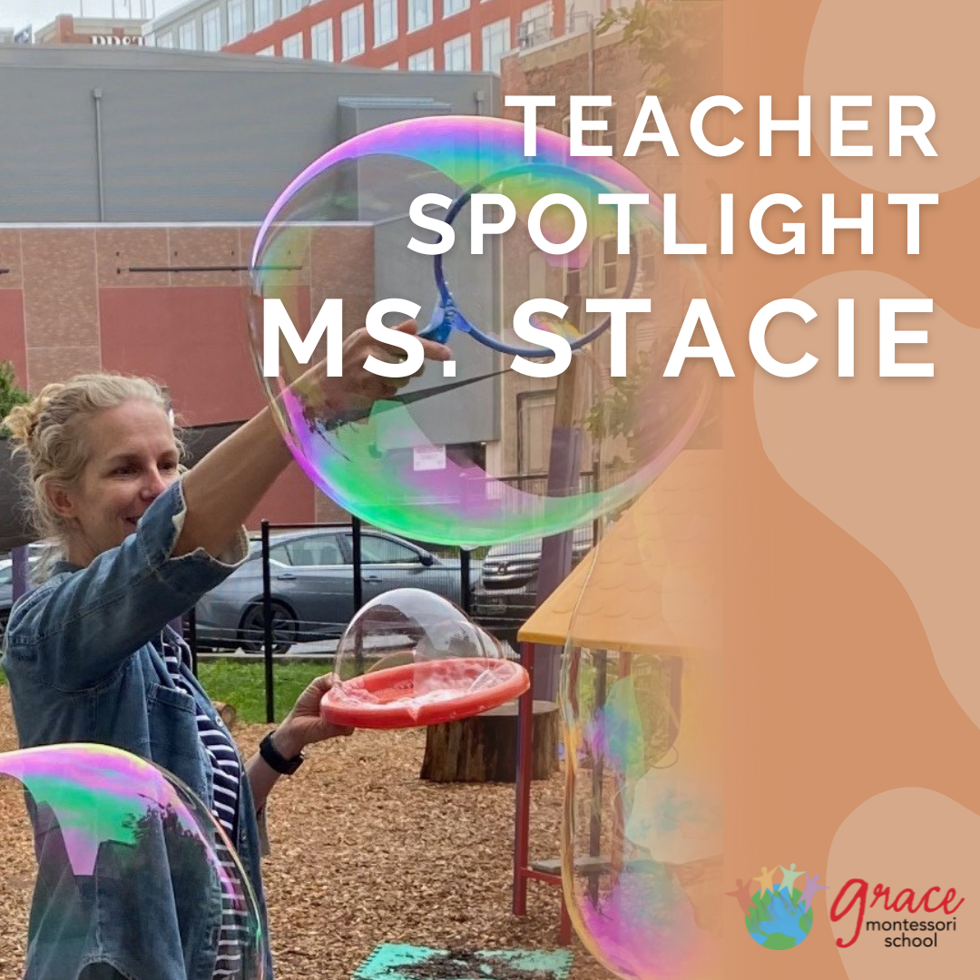 A picture of Ms. Stacie blowing bubbles on the left with an orange border on the right