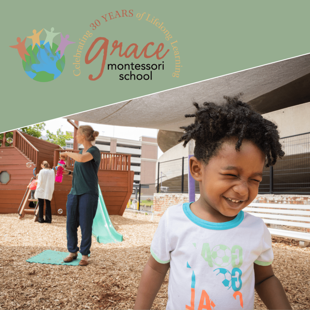 Split image with green logo in left corner and smiling child in the lower right